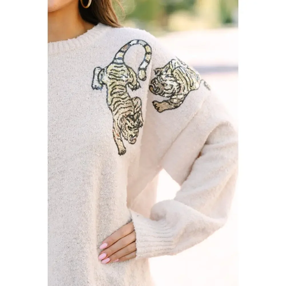 Peach Love Oatmeal Sequin Tiger Matted Sweater Pullover Preppy Bubble Sleeve - Picture 2 of 13